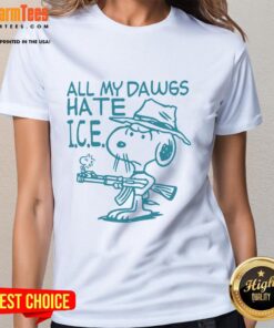 Alt Text: Premium Snoopy Peanuts All My Dawgs Hate Ice ladies tee featuring vibrant graphics and a stylish design.