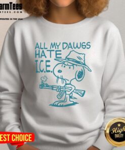 Premium Snoopy Peanuts 'All My Dawgs Hate Ice' sweatshirt featuring colorful graphic print and casual style.