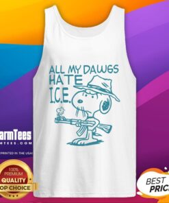 Alt Text: Premium Snoopy Peanuts All My Dawgs Hate Ice Tank Top featuring Snoopy and bold text design for dog lovers.