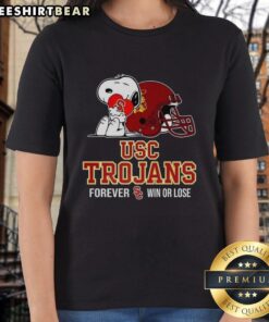 Premium Snoopy X USC Trojans football fan tee for ladies, featuring a playful helmet design. Perfect for game day!