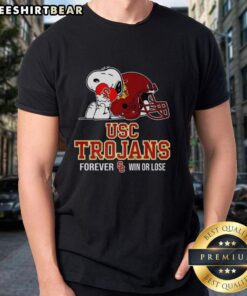 Alt Text: Premium Snoopy X USC Trojans football fan T-shirt featuring a helmet design, perfect for win or lose game days.