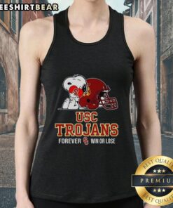 Alt Text: Premium Snoopy X USC Trojans football tank top featuring a playful helmet design for fans, perfect for any game day.