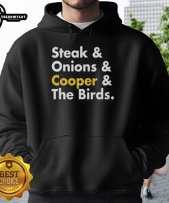 Premium Steak and Onions hoodie featuring Cooper and the Birds design, perfect for food lovers and fashion enthusiasts.