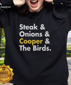 Premium Steak and Onions sweatshirt featuring Cooper and birds, perfect for casual wear and food lovers.