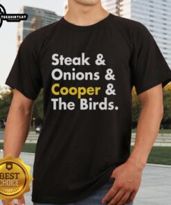 Premium Steak and Onions T-Shirt featuring a playful design with Cooper and birds, perfect for food lovers and casual wear.