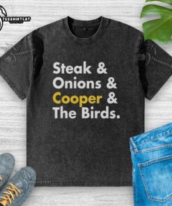 Premium steak and onions graphic on a Cooper and The Birds washed t-shirt, showcasing unique food-inspired fashion.