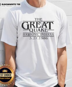 Premium Stranger Things The Great Quake Hawkins Indiana 1986 T-Shirt featuring vibrant graphics and retro design.
