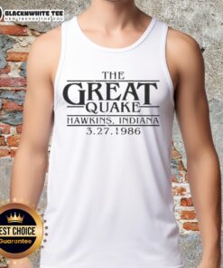 Premium Stranger Things The Great Quake tank top featuring Hawkins, Indiana, 1986 design, perfect for fans of the series.