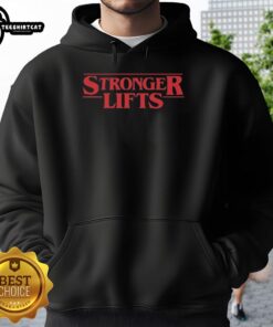 Premium Stronger Lifts Style Stranger Things Hoodie in black, featuring unique graphics and a comfortable fit.