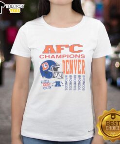 Alt Text: Premium vintage NFL Denver Broncos AFC Champions 1989 ladies tee featuring classic design and team colors.