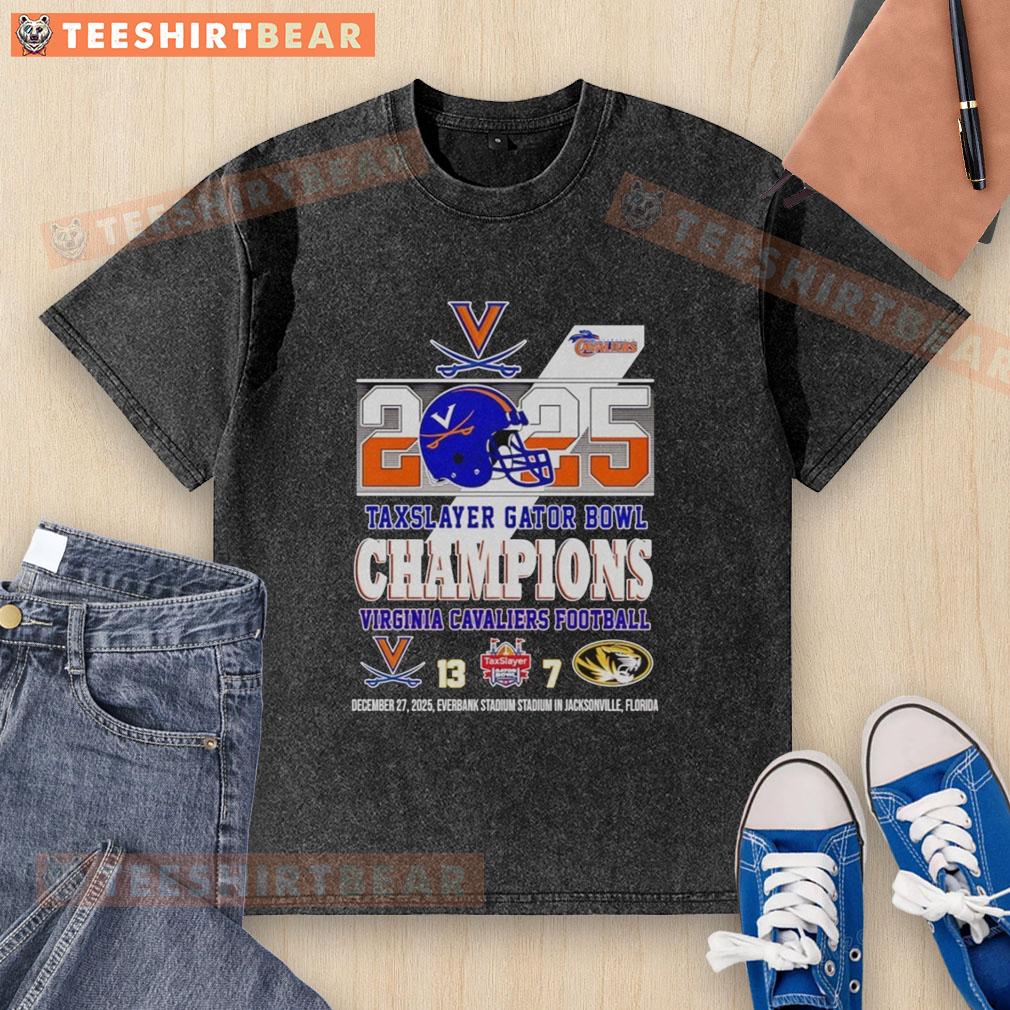 premium-virginia-cavaliers-football-taxslayer-gator-bowl-champions-2025-washed-t-shirt Alt Text: Premium Virginia Cavaliers Football TaxSlayer Gator Bowl Champions 2025 washed t-shirt in navy blue, featuring team logo.