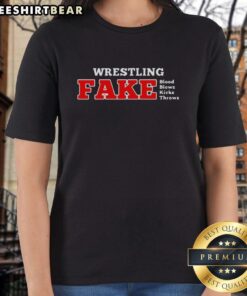 Premium Wrestling Fake Blood Tee for Ladies featuring dynamic blows, kicks, and throws design. Perfect for wrestling fans!