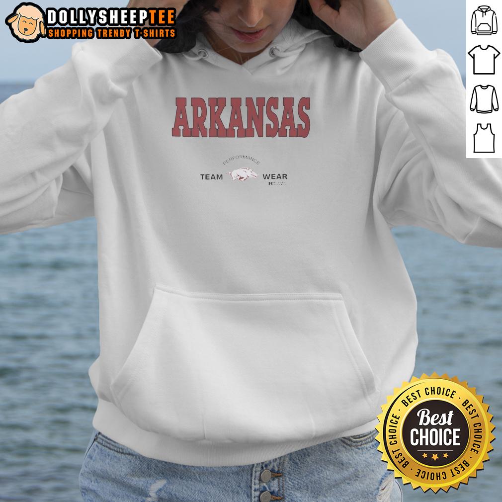 Pretty Arkansas Razorbacks Football Performance Team Wear Russell Athletic Hoodie Arkansas Razorbacks football players in Russell Athletic hoodies showcasing team spirit and performance gear on the field.