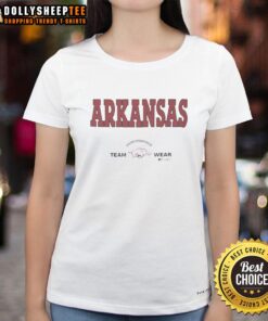 Pretty Arkansas Razorbacks football performance team wear, Russell Athletic ladies tee in vibrant colors.