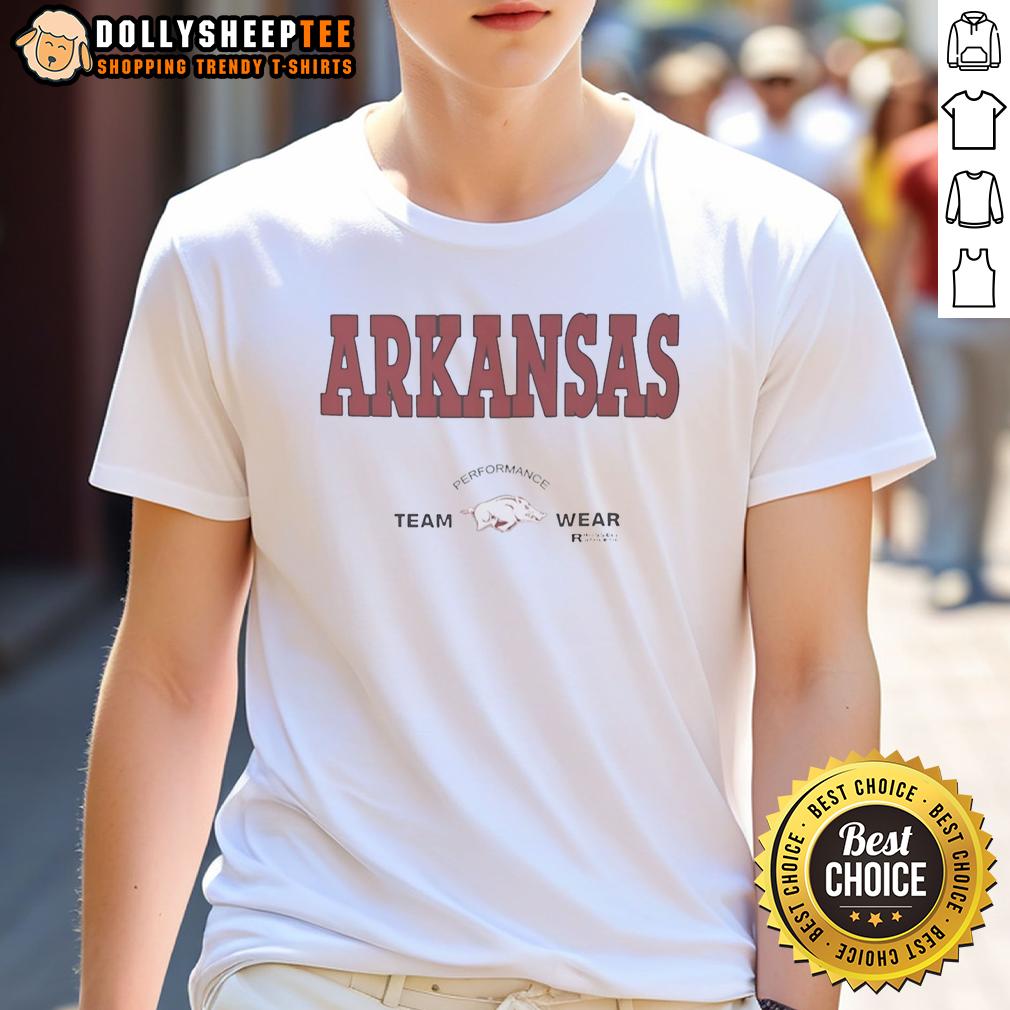 Pretty Arkansas Razorbacks Football Performance Team Wear Russell Athletic T-Shirt Alt Text: Pretty Arkansas Razorbacks Football Performance Team Wear Russell Athletic T-Shirt in red with logo and sporty design.