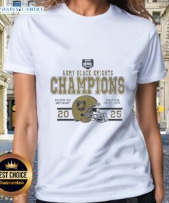 Alt Text: Pretty Army Black Knights Football 2025 Wasabi Fenway Bowl Champions helmet on a ladies tee shirt design.
