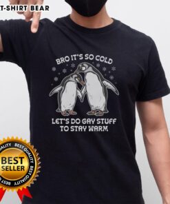 Alt Text: Funny 'Pretty Bro It's So Cold Let's Do Gay Stuff' T-Shirt design for cozy LGBTQ+ fashion on chilly days.