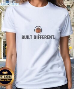 Alt Text: Stylish 'Built Different' headphone ladies tee by Pretty Caseoh, featuring a trendy design perfect for music lovers.