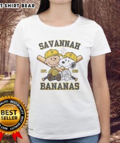 Pretty Charlie Brown and Snoopy in Savannah Bananas outfit on a ladies tee, established 2016, perfect for fans.
