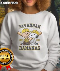 Pretty Charlie Brown and Snoopy in Savannah Bananas outfit, wearing 2016 sweatshirt, showcasing playful design.