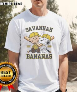 Alt Text: Pretty Charlie Brown and Snoopy in Savannah Bananas Est 2016 T-shirt, showcasing a fun and vibrant design.