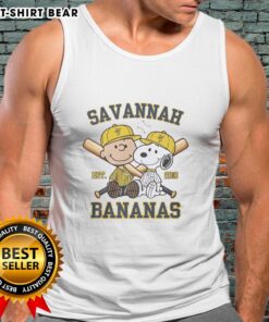Pretty Charlie Brown and Snoopy in Savannah Bananas outfit, wearing Est 2016 tank top, cheerful cartoon characters.