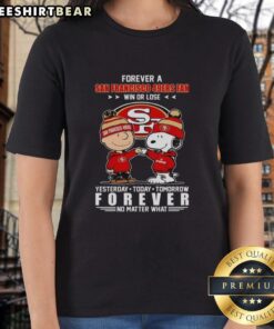 Pretty Charlie Brown fist bump with Snoopy, celebrating San Francisco 49ers fandom in a stylish ladies' tee.