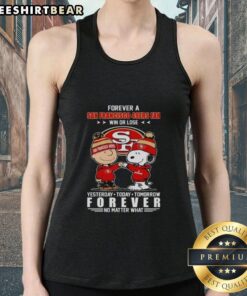 Alt Text: Pretty Charlie Brown fist bump with Snoopy in San Francisco 49ers tank top, showing fan spirit win or lose.