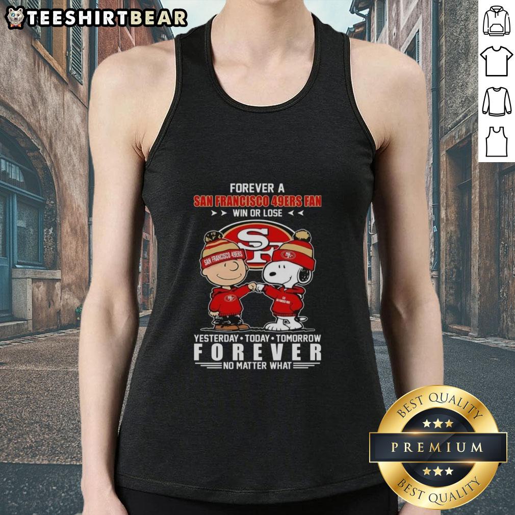pretty-charlie-brown-fist-bump-snoopy-forever-a-san-francisco-49ers-fan-win-or-lose-no-matter-what-tank-top Alt Text: Pretty Charlie Brown fist bump with Snoopy in San Francisco 49ers tank top, showing fan spirit win or lose.