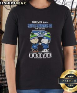 Alt Text: Pretty Charlie Brown fist bump with Snoopy, celebrating Seattle Seahawks fan spirit in a ladies tee design.