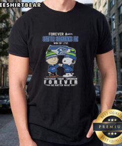 Alt Text: Pretty Charlie Brown fist bump with Snoopy, Seattle Seahawks fan t-shirt design, win or lose, sports fandom.