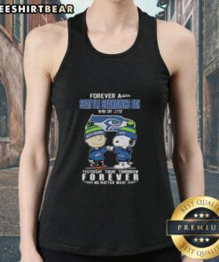 Alt Text: Pretty Charlie Brown fist bump with Snoopy, celebrating Seattle Seahawks fandom in a win-or-lose tank top.