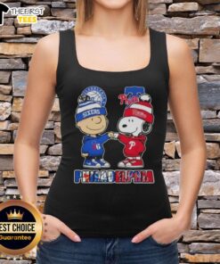 Alt Text: Pretty Charlie Brown fist bump with Snoopy, showcasing Philadelphia sports pride for 76ers and Phillies tank top.