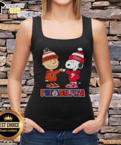 Alt Text: Pretty Charlie Brown fist bump with Snoopy, featuring Philadelphia sports teams Phillies and Flyers on a tank top.