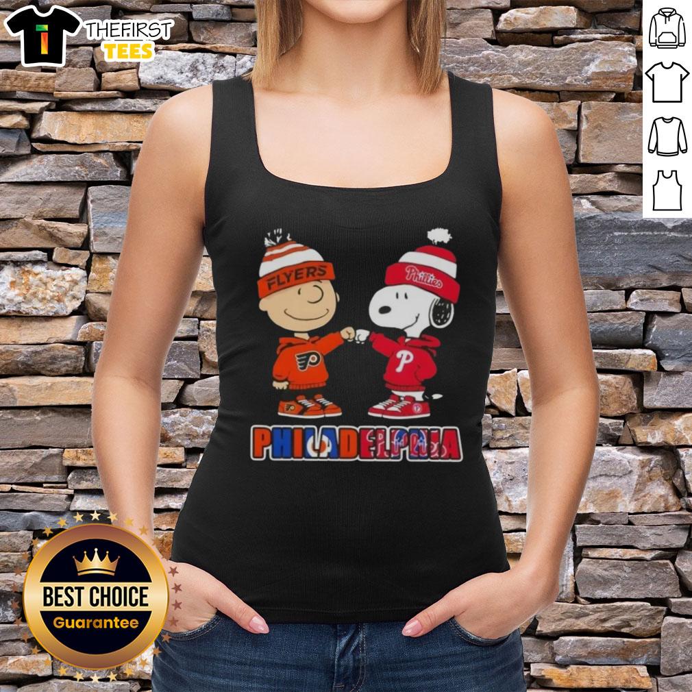 pretty-charlie-brown-fist-bump-snoopy-philadelphia-city-sports-phillies-x-flyers-tank-top Alt Text: Pretty Charlie Brown fist bump with Snoopy, featuring Philadelphia sports teams Phillies and Flyers on a tank top.
