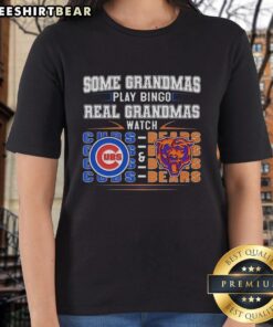 Grandmas enjoying bingo while wearing Chicago Cubs and Chicago Bears gear at a lively tee event.