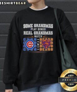 Cozy sweatshirt featuring Chicago Cubs and Bears designs, perfect for grandmas who enjoy bingo and sports.