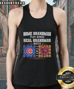 Grandmas in tank tops play bingo while showing support for the Chicago Cubs and Chicago Bears in a fun, vibrant setting.