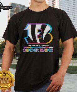 Alt Text: Cincinnati Bengals Football T-Shirt featuring colorful 'Cancer Sucks' logo, perfect for fans supporting cancer awareness.
