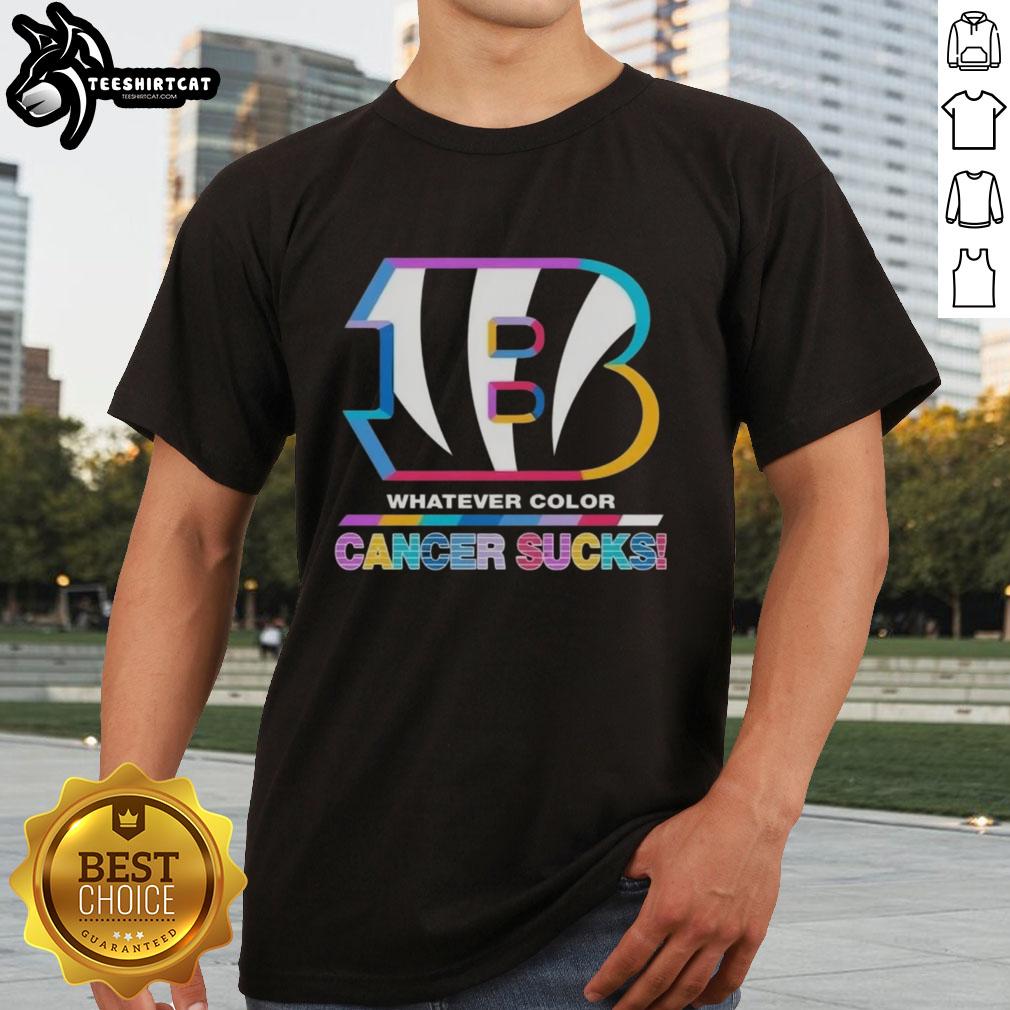 pretty-cincinnati-bengals-football-whatever-color-cancer-sucks-logo-colors-t-shirt Alt Text: Cincinnati Bengals Football T-Shirt featuring colorful 'Cancer Sucks' logo, perfect for fans supporting cancer awareness.