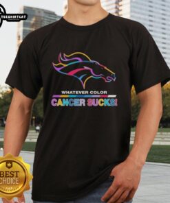 Alt Text: Pretty Denver Broncos Football T-Shirt with colorful 'Cancer Sucks' logo, perfect for sports and awareness events.