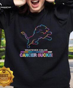 Pretty Detroit Lions Football sweatshirt featuring colorful 'Cancer Sucks' logo, perfect for team spirit and awareness.