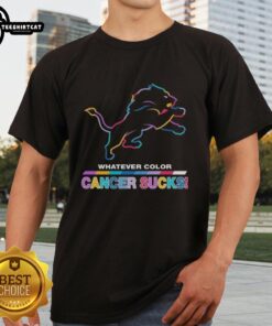 Pretty Detroit Lions Football Cancer Sucks T-Shirt with vibrant logo colors for cancer awareness and team spirit.