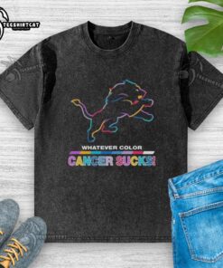 Alt Text: Detroit Lions football t-shirt featuring 'Cancer Sucks' logo in vibrant colors, perfect for showing team spirit.