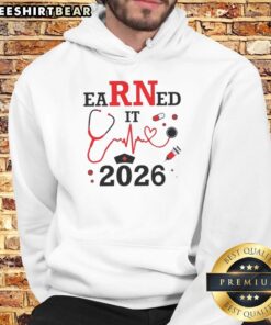 Pretty Earned It RN Registered Nurse 2026 hoodie in navy blue, perfect for proud nurses celebrating their profession.