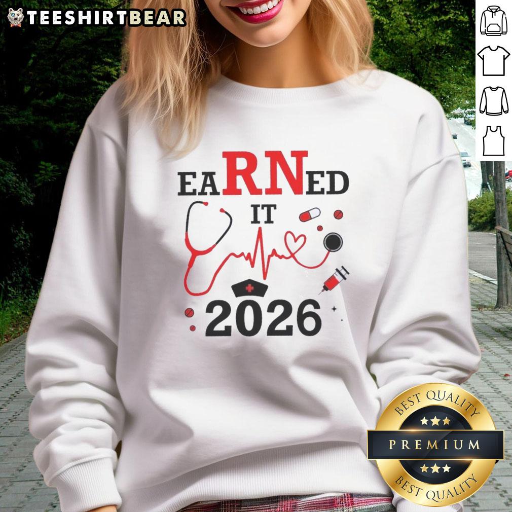 pretty-earned-it-rn-registered-nurse-2026-sweatshirt Alt Text: Pretty Earned It RN Registered Nurse 2026 sweatshirt in navy blue, perfect gift for nursing graduates and professionals.