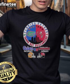 Pretty Florida Gators and Tampa Bay Buccaneers helmet logo mashup T-shirt for game day style.