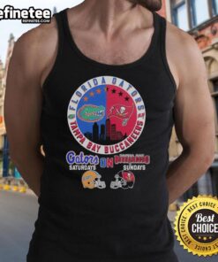 Florida Gators and Tampa Bay Buccaneers helmet logo mashup tank top, perfect for game day style and sports fans.