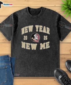Alt Text: Pretty Florida State Seminoles Football New Year New Me 2026 logo on a washed t-shirt design.