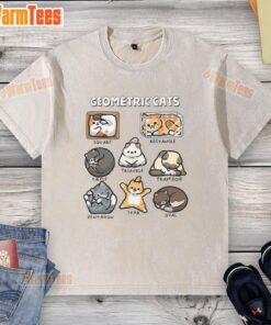 Pretty geometric cats design on a washed t-shirt, showcasing a playful and stylish feline-themed graphic.